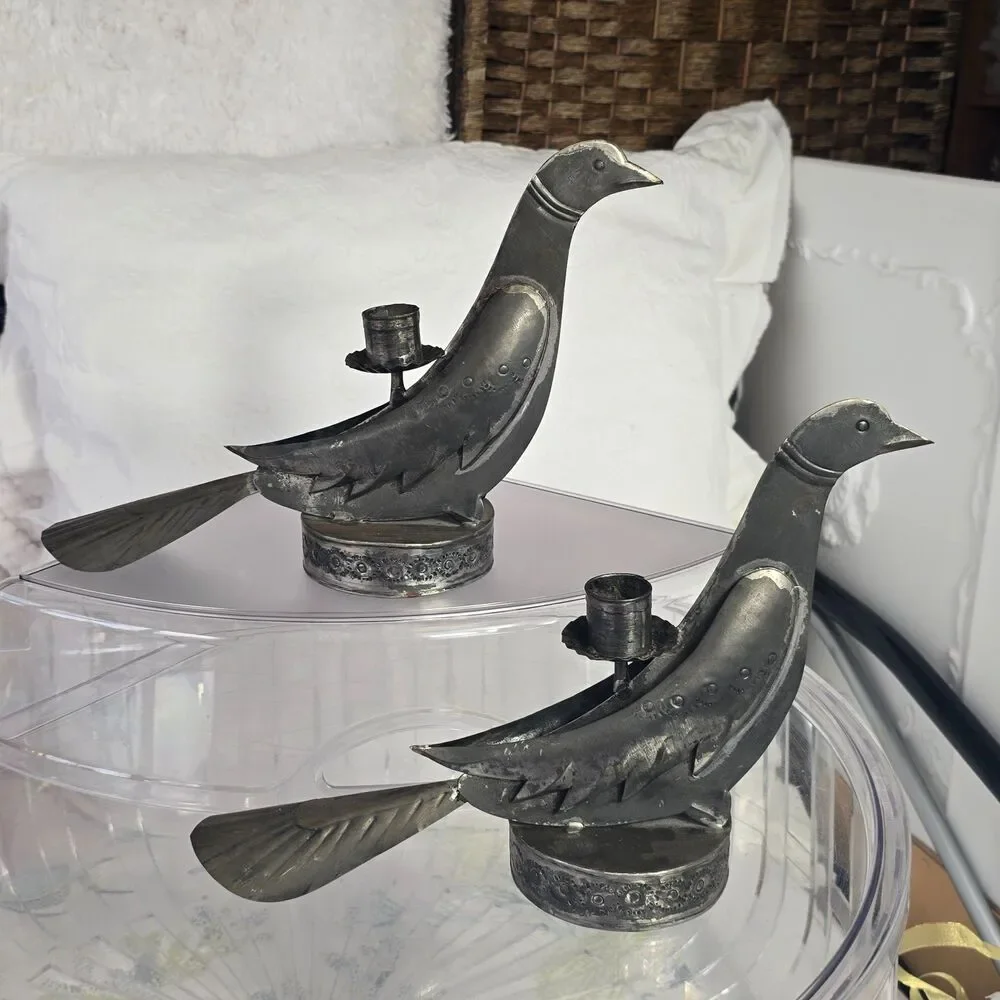 2 pc Antique Embossed Tin Folk Art Doves Birds Candle Holders Punched Rustic 14